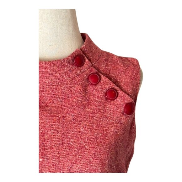 Hobbs London Dress Women 4 Red Wool Silk Tweed Button Neckline Sheath Preppy - Picture 5 of 13